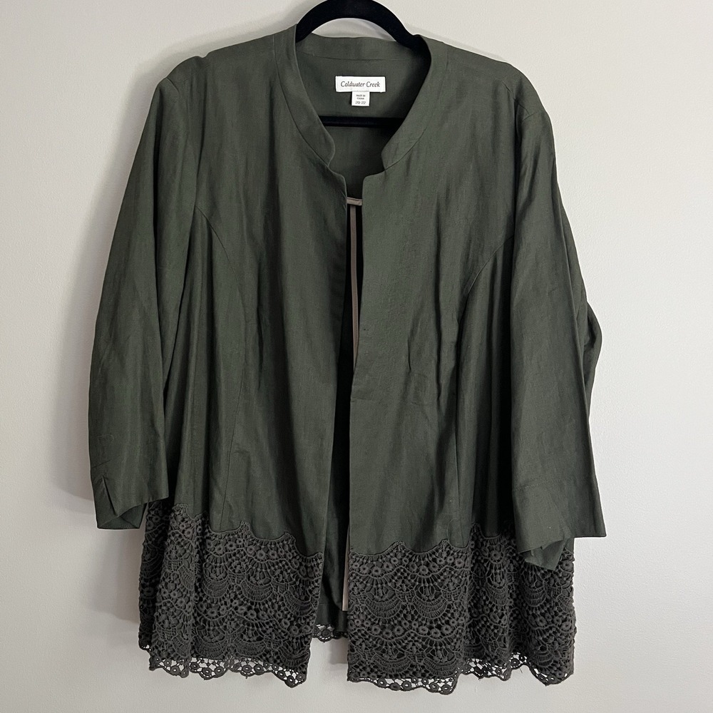 Coldwater Creek Linen Blend Lace Trim Open Front Jacket Blazer Women Size 20-22